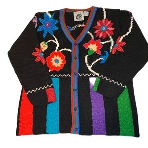 Storybook Knits Cardigan Sweater Women’s Medium Flowers Cotton Ramie Colorful